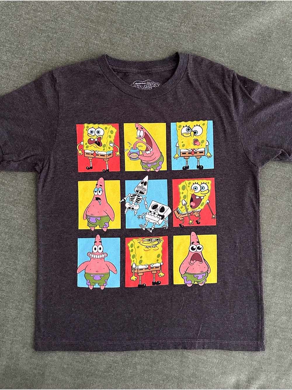 SpongeBob SquarePants Shirt Kids Youth M Medium Gray Grid Graphic Tee Patrick